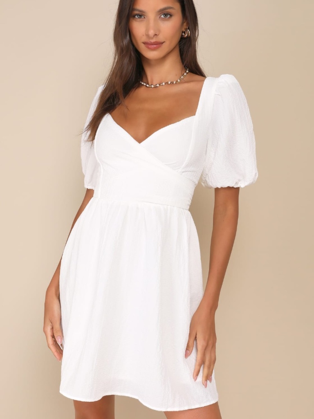 NWT Lulus Little Bit In Love White Surplice Puff Sleeve Mini Dress  Size Medium